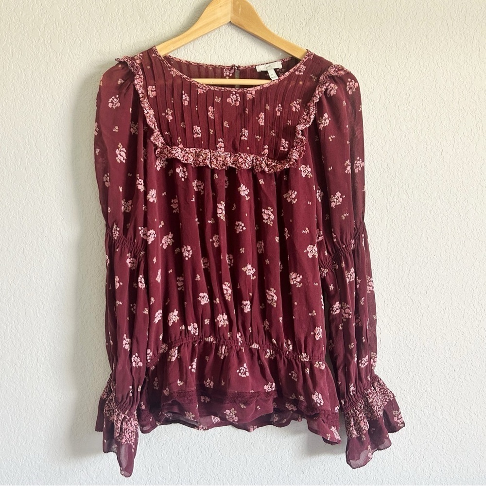 Joie Adrielle Silk Blouse Top Peplum Floral Burgundy